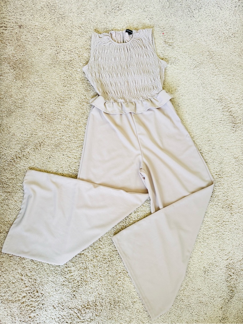 Sleeveless Smocked Wide-Leg Jumpsuit in Light Beige